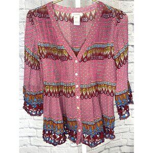 Sundance Silk Boho Embroidered Button Down Blouse Size PXS
